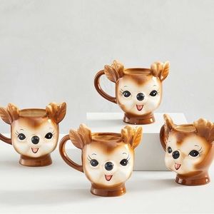 Pottery Barn Handcrafted Cute Cheeky Reindeer Holiday Mugs 12oz - Set of 4